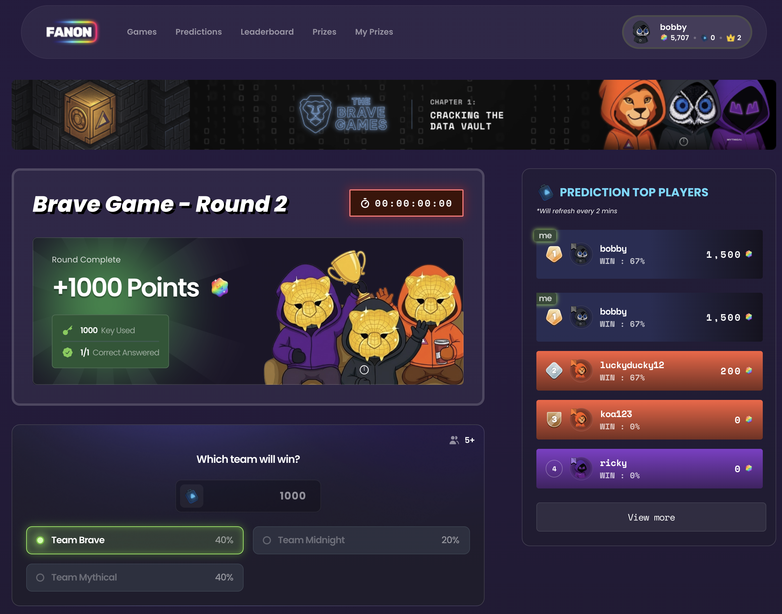 Brave Games interface — leaderboard view
